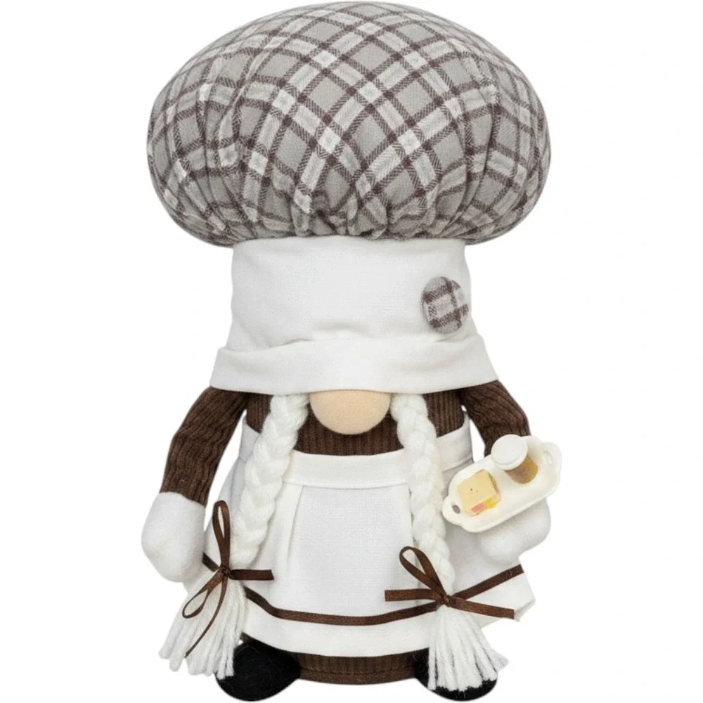 Plush Baker Gnome Snoopy Coffee Milk Tray Chef Hat Checkered  Whimsical 11 inch